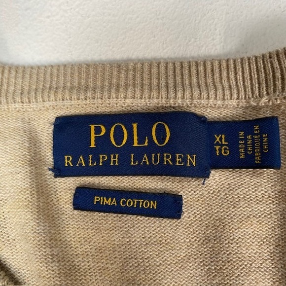 Polo Ralph Lauren Pima Cotton V Neck Sweater Tan Mens XL - Picture 2 of 12